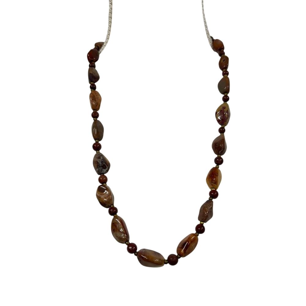 Vintage Natural Brown Stone Beaded Necklace Long Barrel Clasp